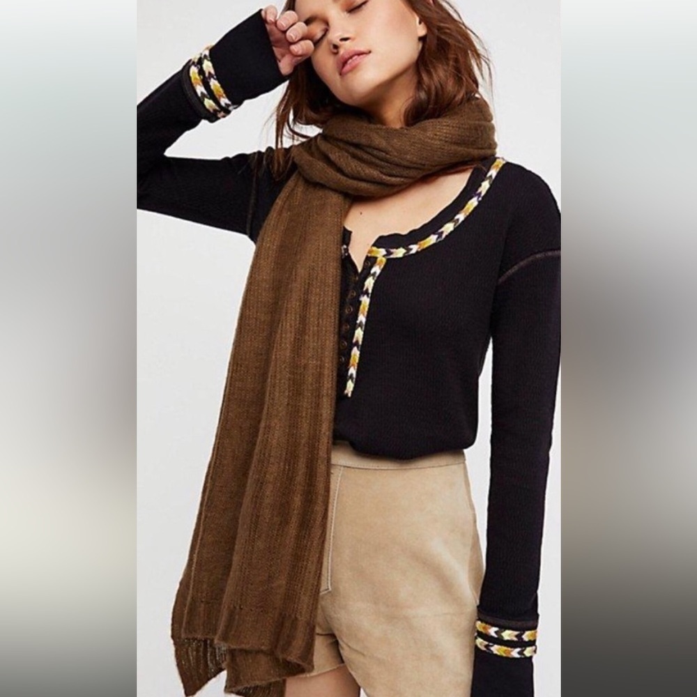Free People Black Rainbow Embroidered Thermal Knit Henley Top